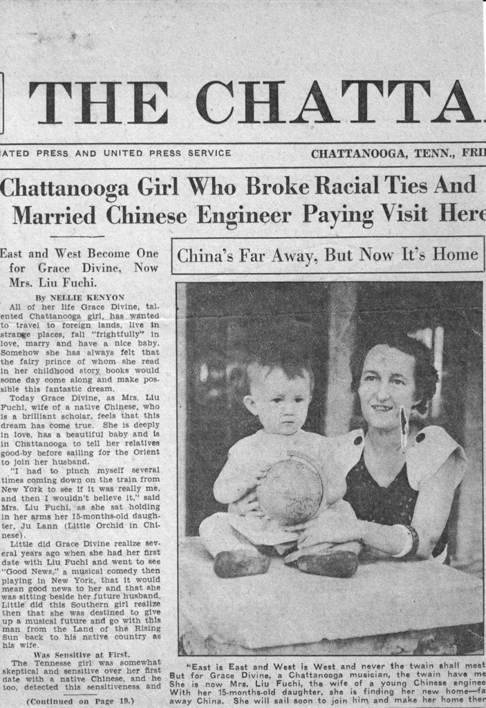 June 22, 1934. Chattanooga News covers Grace’s interracial marriage on her visit home before embarking for China as front page news.