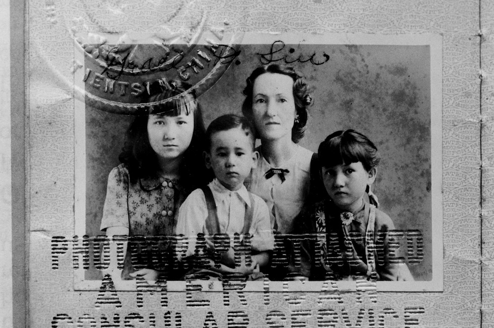 Passport picture of Grace McCallie Divine Liu with her three children, Ju-lan, William and Ellen, 1946. It was important for Americans with mixed-race children to be able to claim their children should they need to leave China. Grace never used this passport and did not return to the US until 1974 with her adult son William.